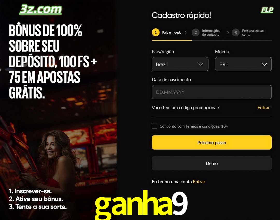 ganha9 registro oficial cassino online Brasil com bônus de depósito e free spins